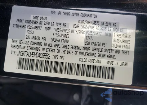 2021 Mazda Cx-5 Touring z USA, uszkodzony, nr VIN JM3KFACM5M0408552